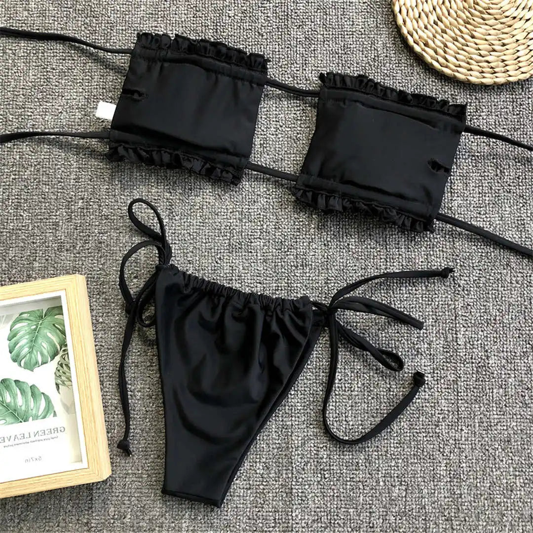 Sexy Leopard Bandeau Brazilian Bikini Swimsuit Female Swimwear Women Two-Pieces Bikini Set Pleated Bather Bathing Suit V1242L
