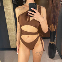 Cut Out Asymmetric One Shoulder One Piece Swimsuit Women Swimwear Female Monokini High Leg Cut Bather Bathing Suit Swim V6254