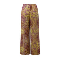 Pantalon fluide jaune et violet à motifs en éventail, vu de face à plat, jambes larges et lien à la taille