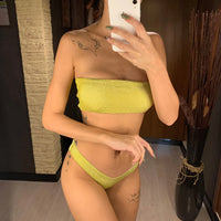 Glitter Sparkling Strapless Bikini Female Swimsuit Women Swimwear Two-Pieces Bikini Set Bandeau Bather Bathing Suit Swim V2236