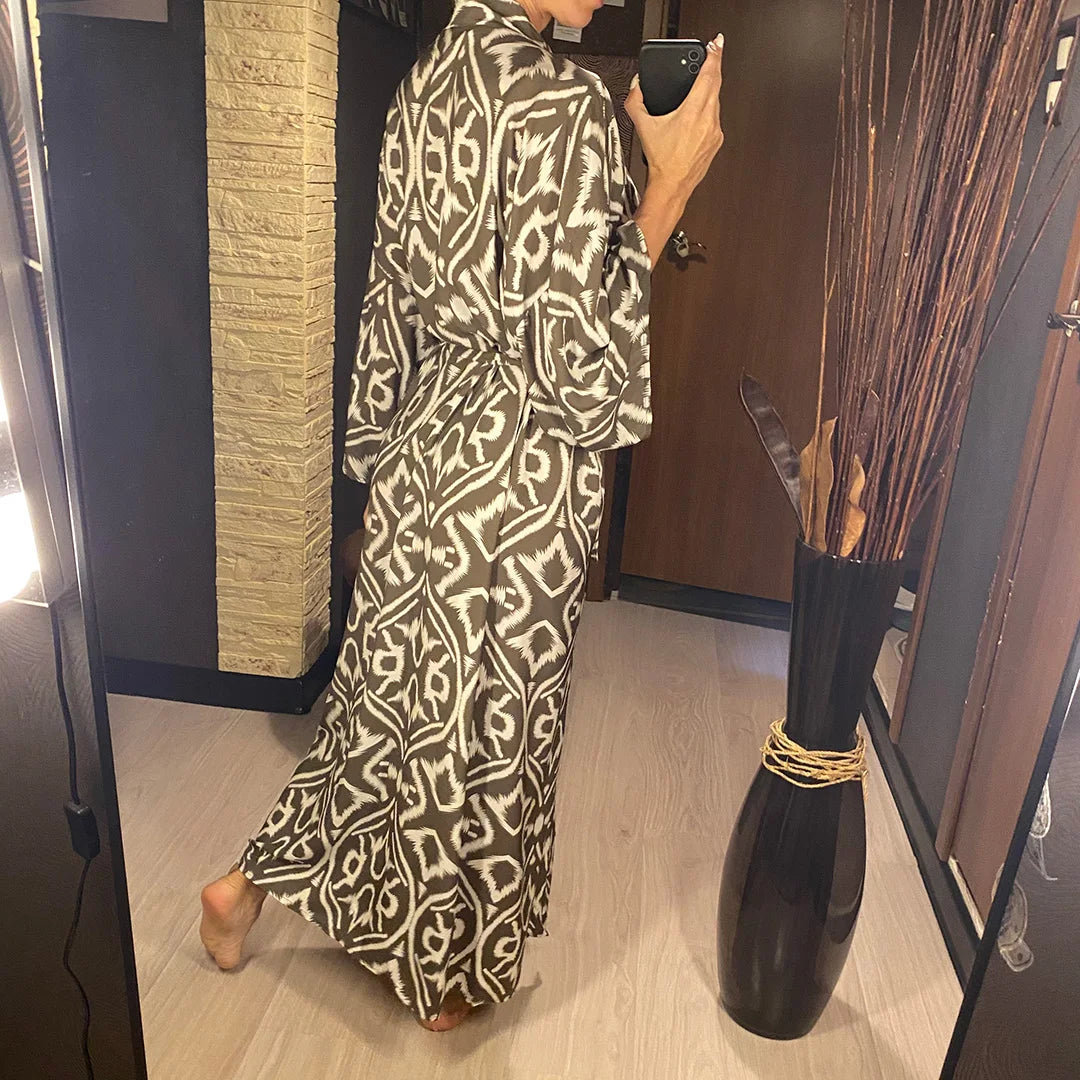 Printed Long Sleeve With Belt V Neck Beach Dress Beach Wear Beachwear Beach Cover Up Cover-upsWomen sunscreen clothing V6174