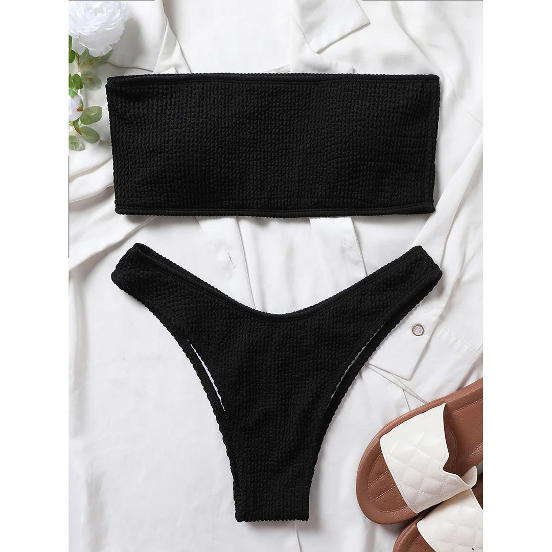 Bandeau Strapless Wrinkled Crinkled Bikini Women Swimwear Female Swimsuit Two-Pieces Bikini Set Bather Bathing Suit Swim V3314B