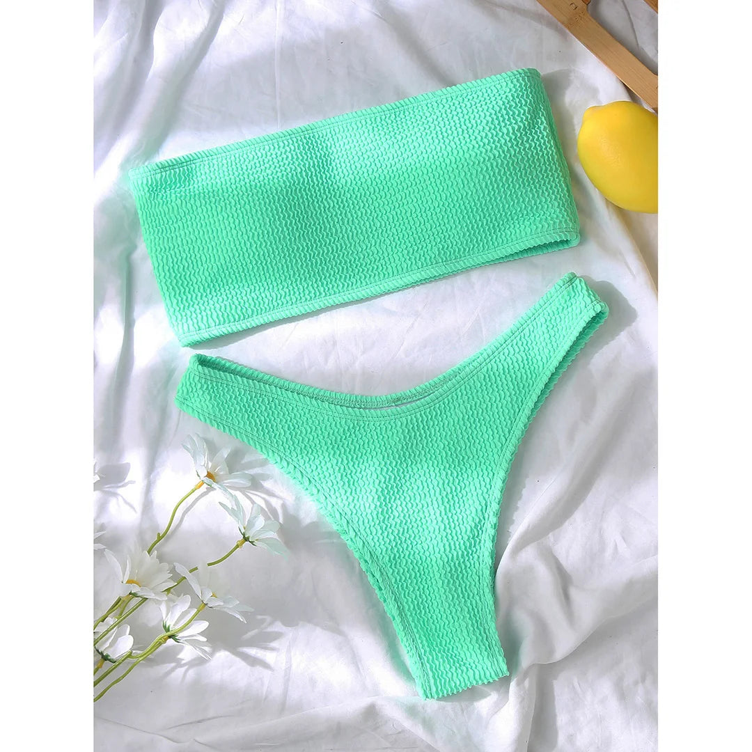 Bandeau Wrinkled Crinkled Bikini Female Swimsuit Women Swimwear Two-Pieces Bikini Set High Cut Bather Bathing Suit Swim V3314