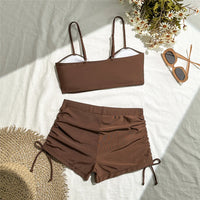 Wrinkled Knotted Shorts High Waist Bikini Female Swimsuit Women Swimwear Two-Pieces Bikini Set Bather Bathing Suit Swim V6197