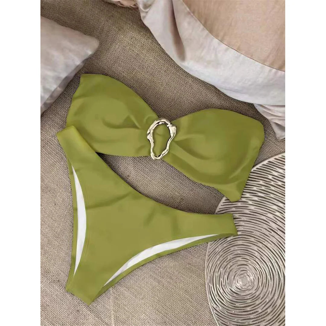 7 Colors Bandeau Metal Ring Brazilian Bikini Female Swimsuit Women Swimwear Two-Pieces Bikini Set Bather Bathing Suit Swim V6516
