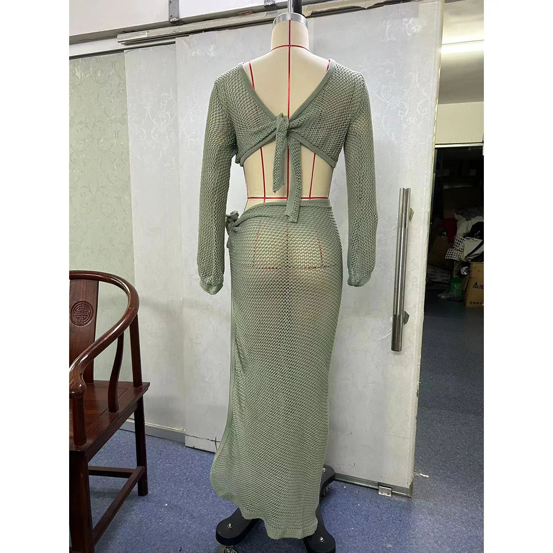 Hollow Out See Through Long Sleeve Crochet Knitted Tunic Beach Cover Up Cover-ups Beach Dress Beach Wear Beachwear Female V5991