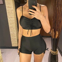 Wrinkled Knotted Shorts High Waist Bikini Female Swimsuit Women Swimwear Two-Pieces Bikini Set Bather Bathing Suit Swim V6197