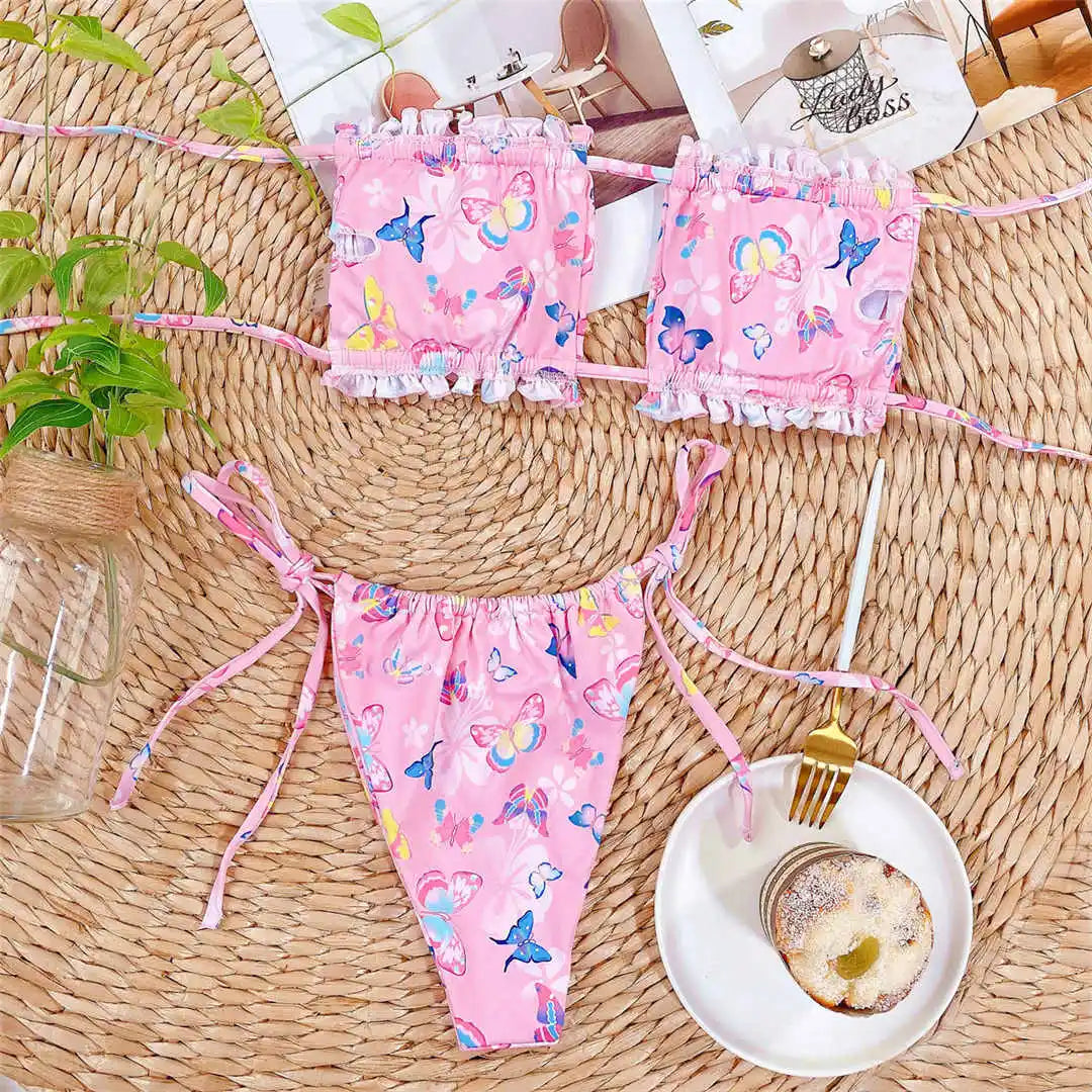 Sexy Leopard Bandeau Brazilian Bikini Swimsuit Female Swimwear Women Two-Pieces Bikini Set Pleated Bather Bathing Suit V1242L