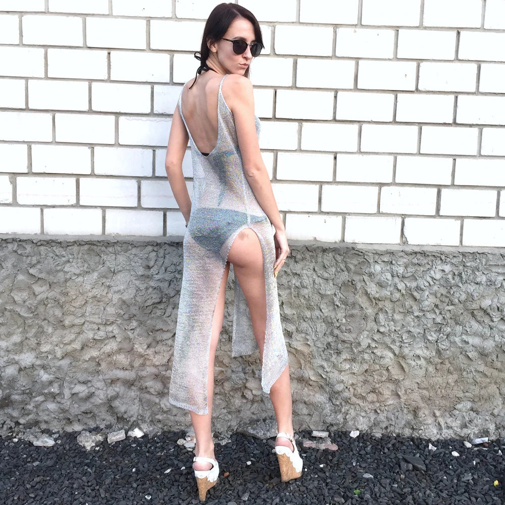 Sexy Sheer Net Mesh Knitted Glitter Tunic Beach Cover Up Cover-ups Long Beach Dress Beach Wear Beachwear Female Women Robe V651