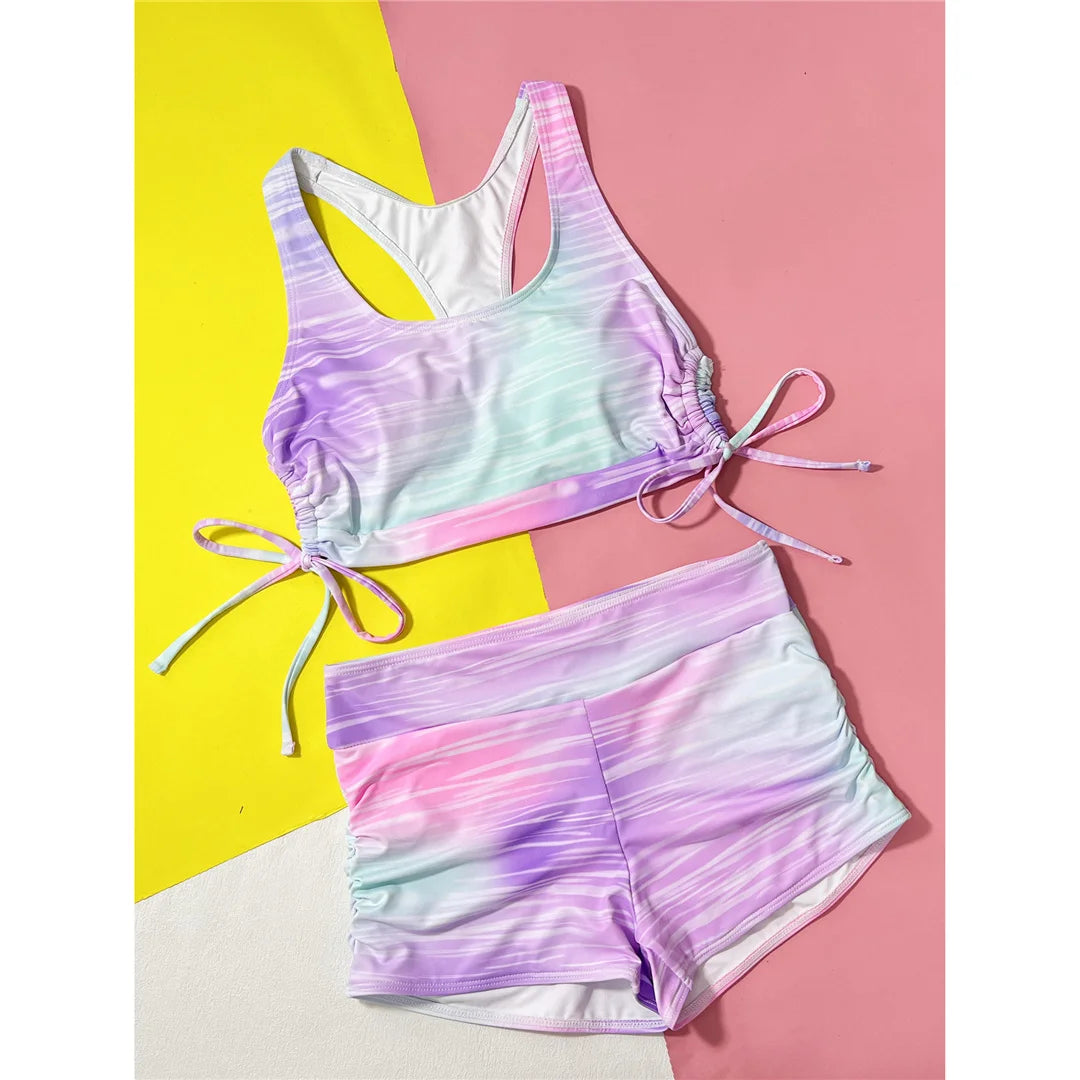 New Tie Dye Lace Up Shorts Female Swimsuit High Waist Bikini Women Swimwear Two-Pieces Bikini Set Bather Bathing Suit Swim V4969
