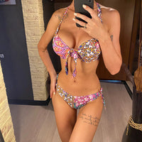 S- XL Sexy Printed Underwired Halter Bikini Women Swimwear Female Swimsuit Two-Pieces Bikini Set Bather Bathing Suit Swim V4591