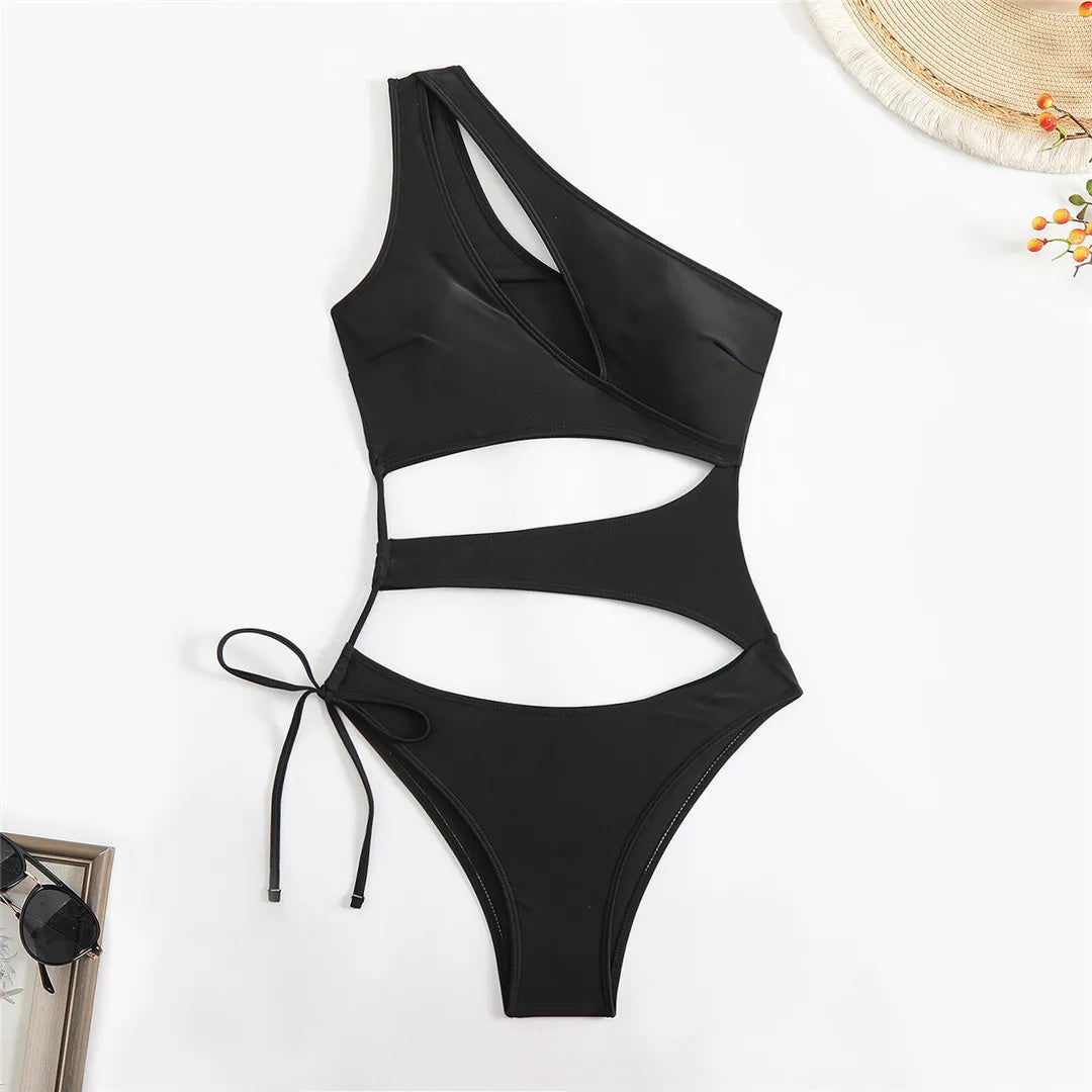 Cut Out Asymmetric One Shoulder One Piece Swimsuit Women Swimwear Female Monokini High Leg Cut Bather Bathing Suit Swim V6254