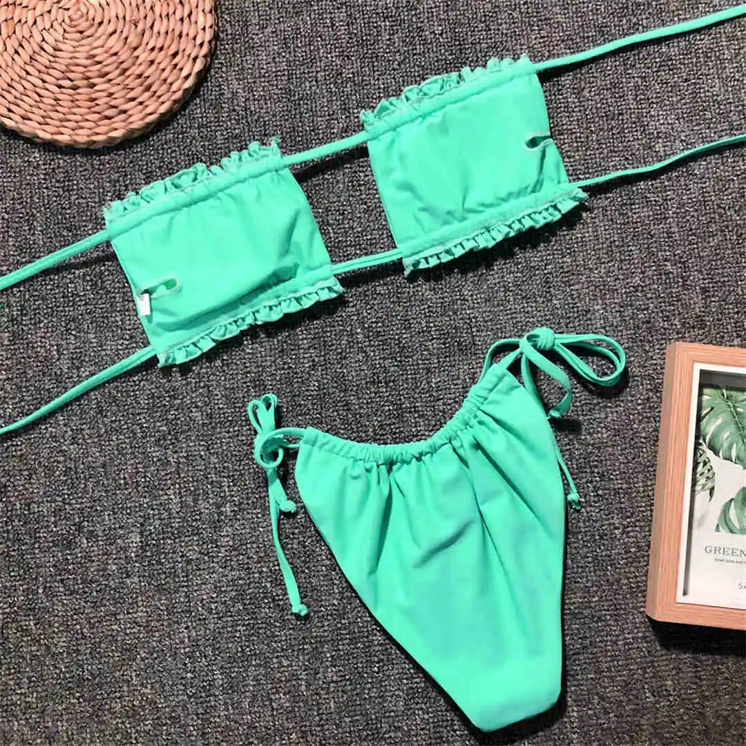 Sexy Leopard Bandeau Brazilian Bikini Swimsuit Female Swimwear Women Two-Pieces Bikini Set Pleated Bather Bathing Suit V1242L