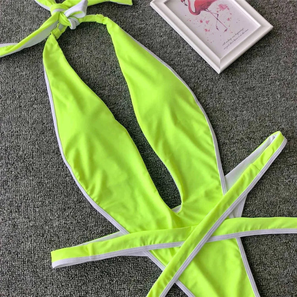 2026 Neon Green Women Swimwear High Cut Backless One Piece Swimsuit Female Bather Sexy Halter Bathing Suit Swim Monokini V1336G