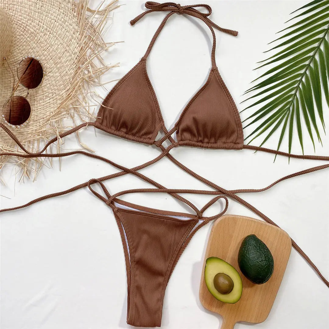 New Sexy Halter Ribbed Bikini Women Swimwear Female Swimsuit Two-Pieces Bikini Set Wrap Around Bather Bathing Suit Swim V2956