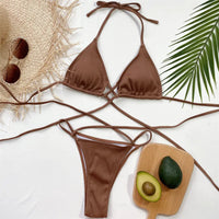 New Sexy Halter Ribbed Bikini Women Swimwear Female Swimsuit Two-Pieces Bikini Set Wrap Around Bather Bathing Suit Swim V2956