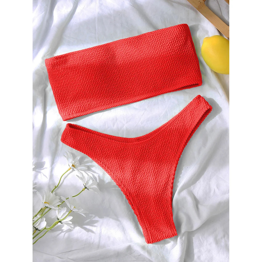 Bandeau Wrinkled Crinkled Bikini Female Swimsuit Women Swimwear Two-Pieces Bikini Set High Cut Bather Bathing Suit Swim V3314
