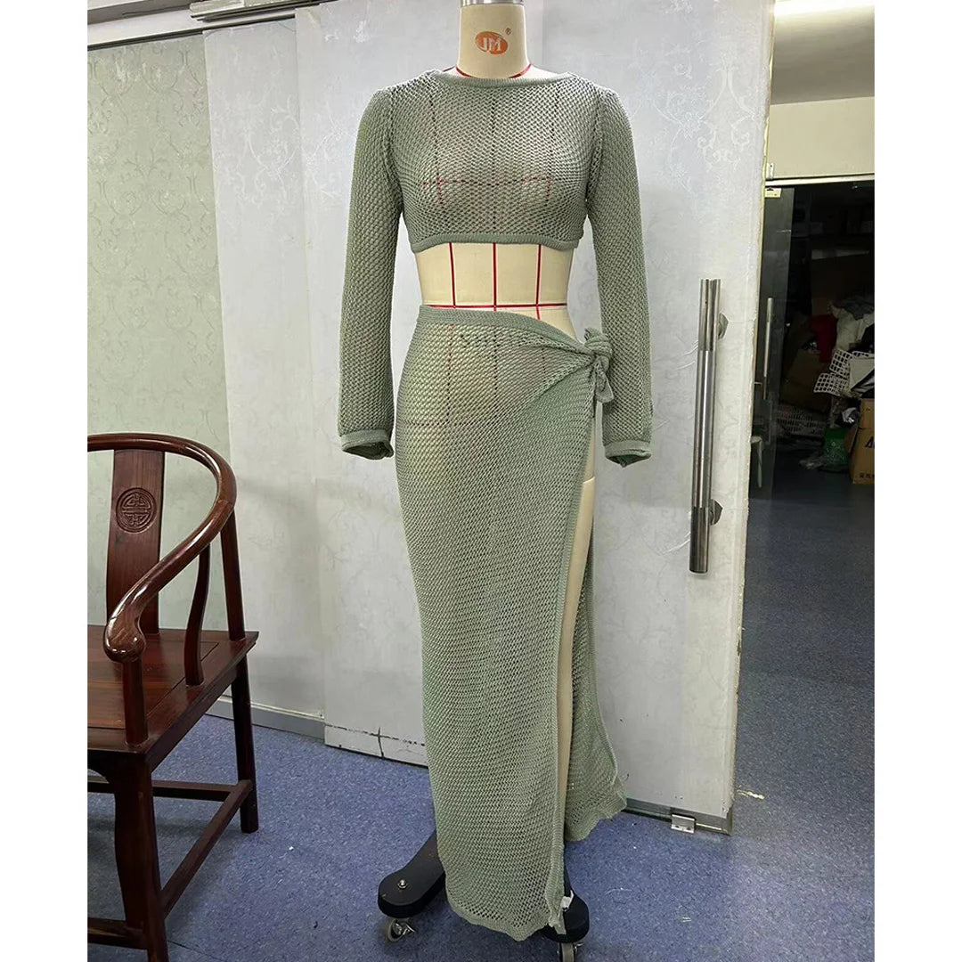 Hollow Out See Through Long Sleeve Crochet Knitted Tunic Beach Cover Up Cover-ups Beach Dress Beach Wear Beachwear Female V5991