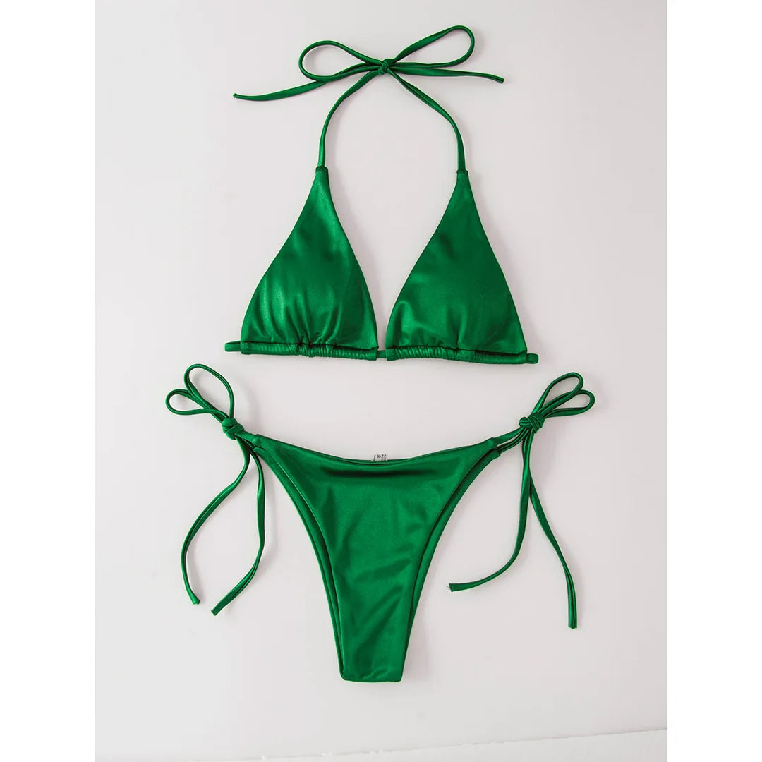 Sexy 13 Colors Halter Satin Brazilian Bikini Women Swimwear Female Swimsuit Two-Pieces Bikini Set Bather Bathing Suit Swim V4966