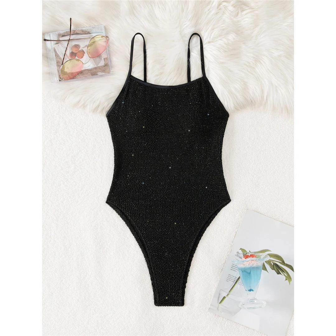 New Wrinkled Crinkled Glitter Sparkling One Piece Swimsuit Women Swimwear Female High Cut Padded Bather Bathing Suit Swim V6407