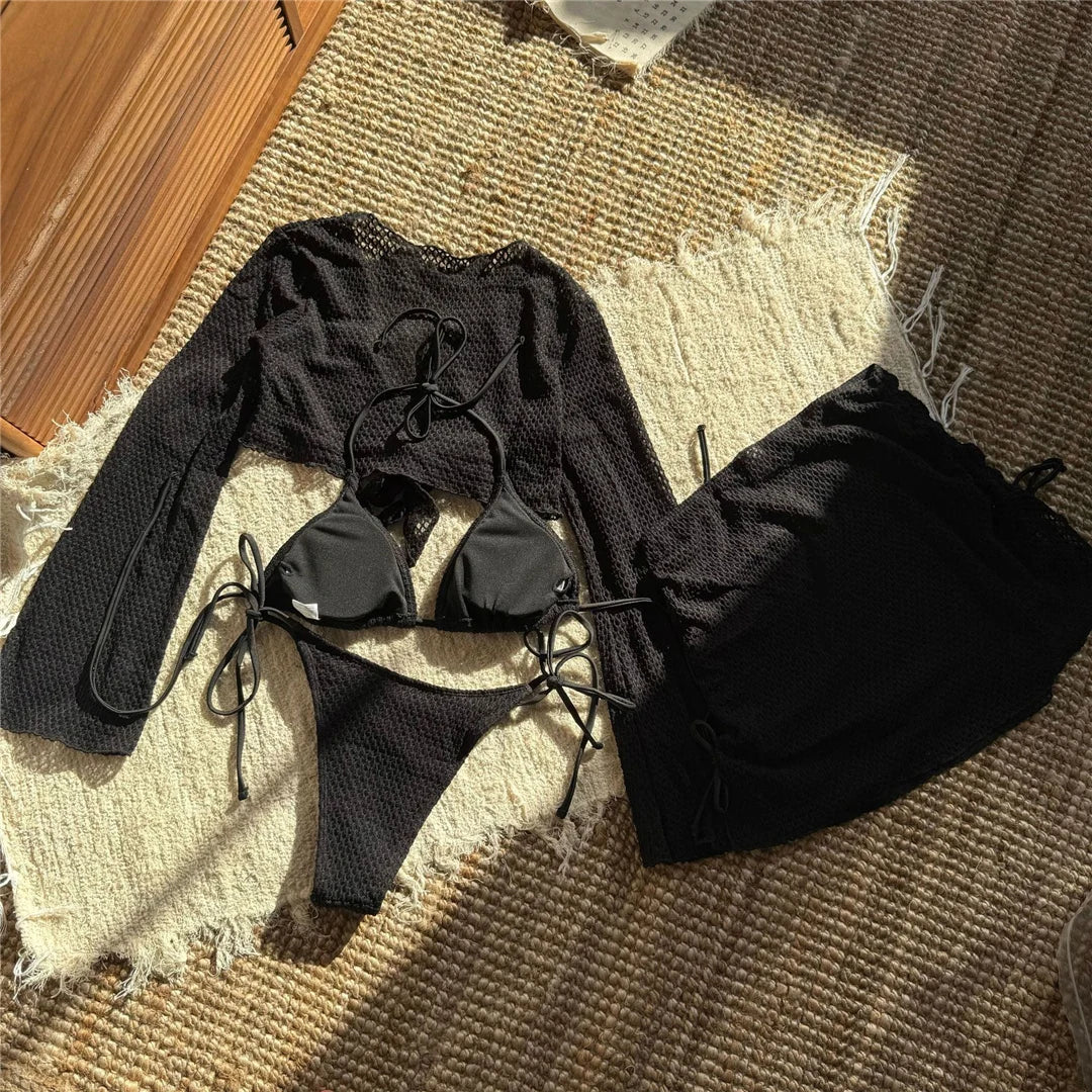 2026 Long Sleeve With Skirt Halter Bikini Women Swimwear Female Swimsuit Four-pieces Bikini set Bather Bathing Suit Swim V6358