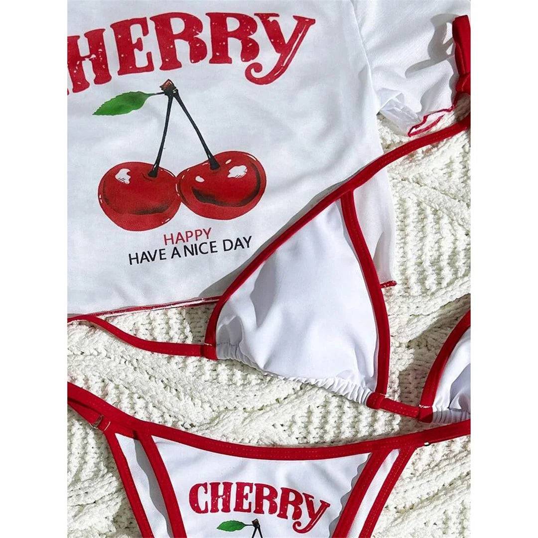 S -XL Cherry Printed Short Sleeve Bikini Female Swimsuit Women Swimwear Three-Pieces Bikini Set Bather Bathing Suit Swim V6854