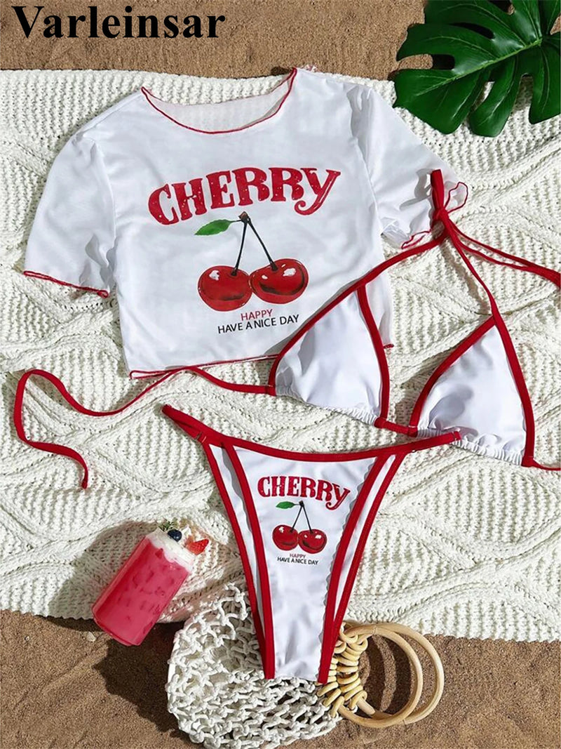 S -XL Cherry Printed Short Sleeve Bikini Female Swimsuit Women Swimwear Three-Pieces Bikini Set Bather Bathing Suit Swim V6854