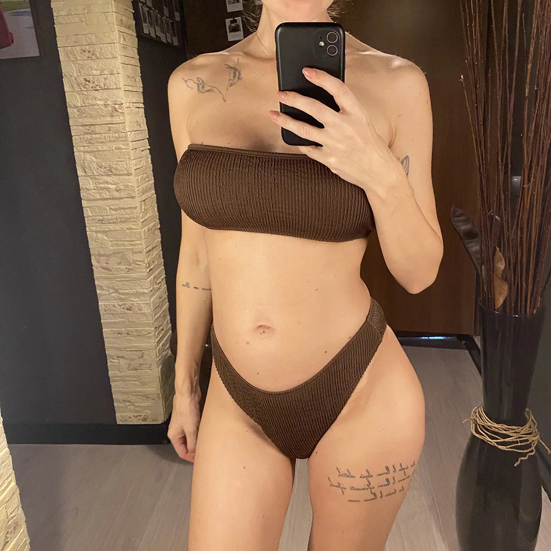 Bandeau Wrinkled Crinkled Bikini Female Swimsuit Women Swimwear Two-Pieces Bikini Set High Cut Bather Bathing Suit Swim V3314