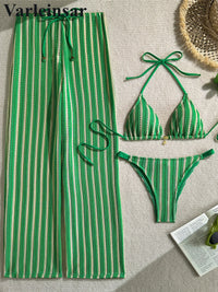 With Pants Striped Halter Bikini Female Swimsuit Women Swimwear Three-Pieces Bikini Set Brazilian Bather Bathing Suit Swim V7838