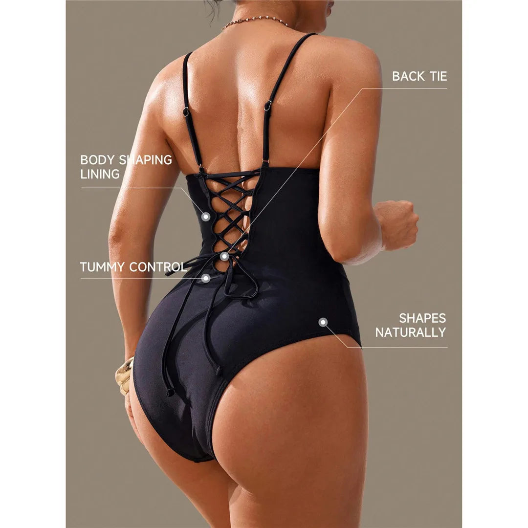 S - XL V Neck Tummy Control Women Swimwear One Piece Swimsuit Female Lace Up High Leg Cut Padded Bather Bathing Suit Swim V7547