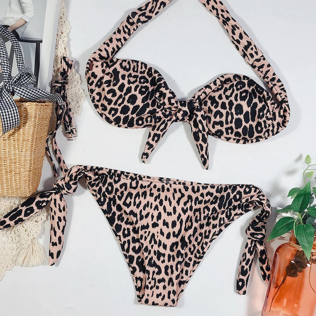 Sexy Leopard Polka Dot Knotted Brazilian Bikini Women Swimwear Female Swimsuit Two-Pieces Bikini Set Bather Bathing Suit V643