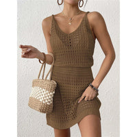 S - XL V Neck Hollow Out Crochet Knitted Tunic Beach Cover Up Cover-ups Beach Dress Mini Beach Wear Beachwear Female Women V7048