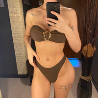 7 Colors Bandeau Metal Ring Brazilian Bikini Female Swimsuit Women Swimwear Two-Pieces Bikini Set Bather Bathing Suit Swim V6516