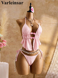 S - XL Wrinkled Bikini Halter Tankini Female Swimsuit Women Swimwear Two-Pieces Bikini Set Padded Bather Bathing Suit Swim V7819