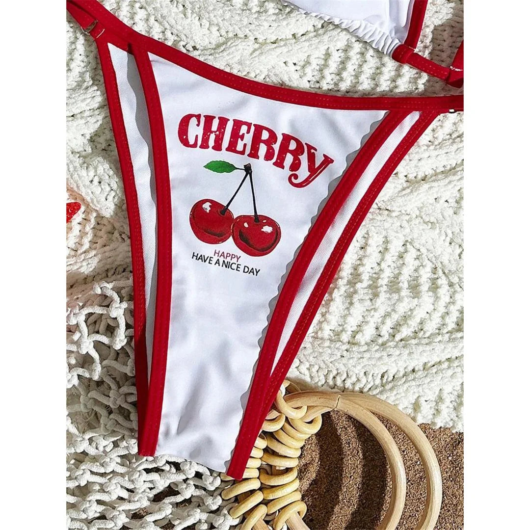 S -XL Cherry Printed Short Sleeve Bikini Female Swimsuit Women Swimwear Three-Pieces Bikini Set Bather Bathing Suit Swim V6854