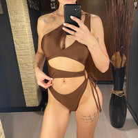 Cut Out Asymmetric One Shoulder One Piece Swimsuit Women Swimwear Female Monokini High Leg Cut Bather Bathing Suit Swim V6254