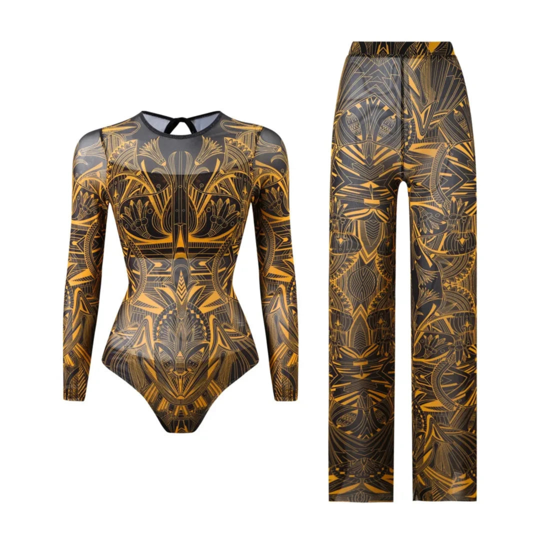Maillot de bain une pièce manches longues et pantalon jaune à motifs dorés, pantalon droit et body à col rond