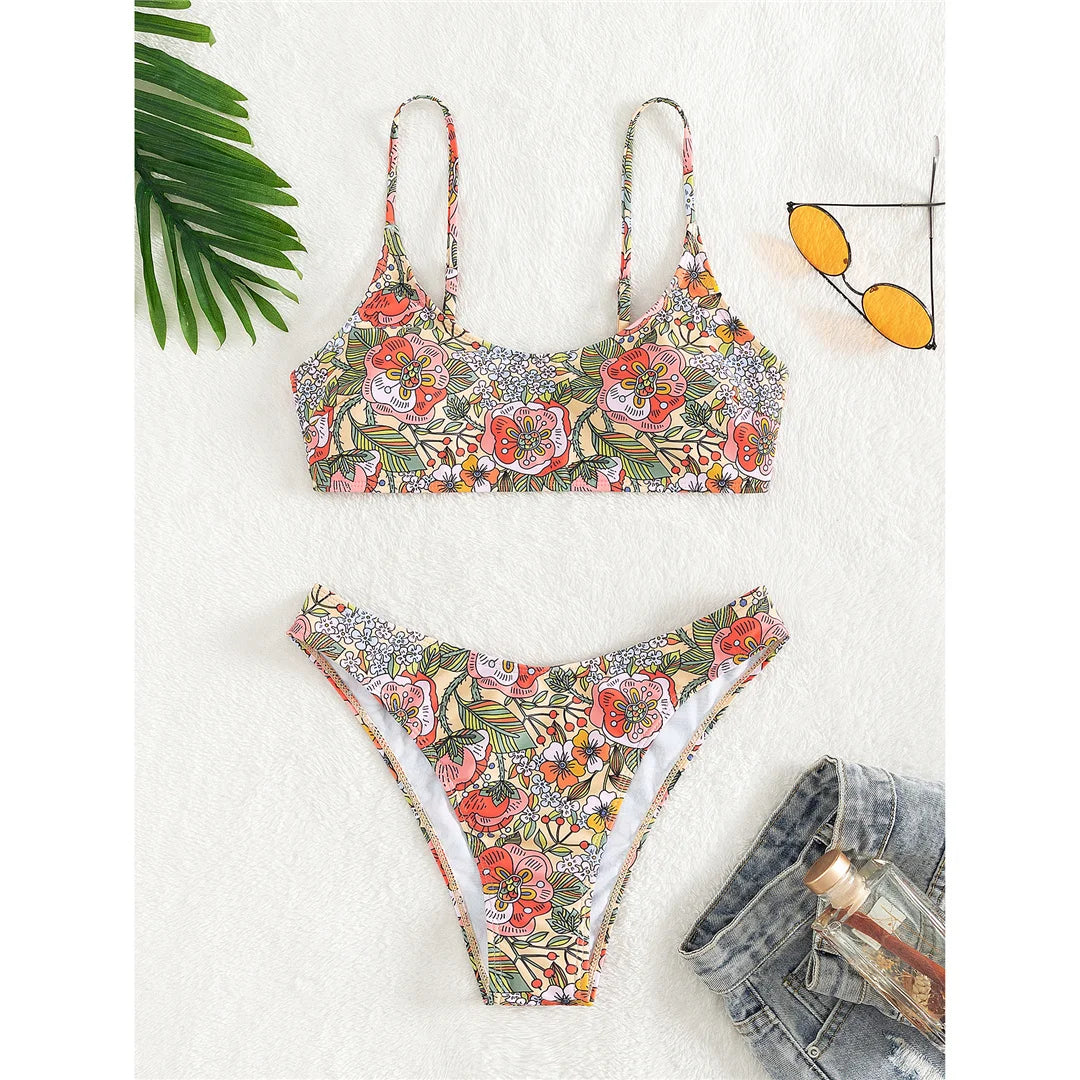 Floral Printed Brazilian Mid Waist Bikini Women Swimwear Female Swimsuit Two-Pieces Bikini Set Bather Bathing Suit Swim V5002