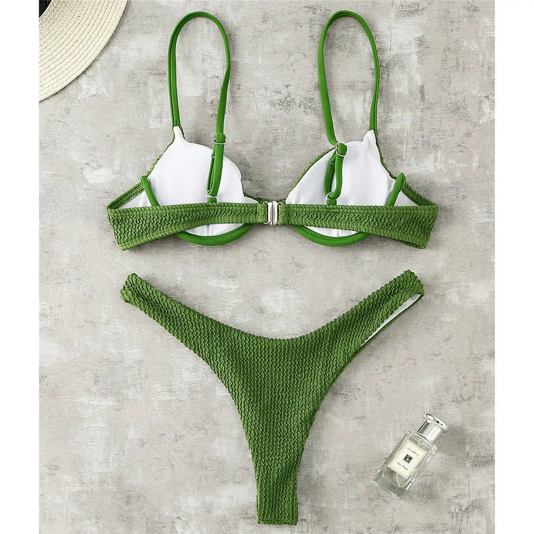 New Ribbed Underwired High Cut Bikini Swimsuit Female Swimwear Women Two-Pieces Bikini Set Thong Bather Bathing Suit Swim V2697B