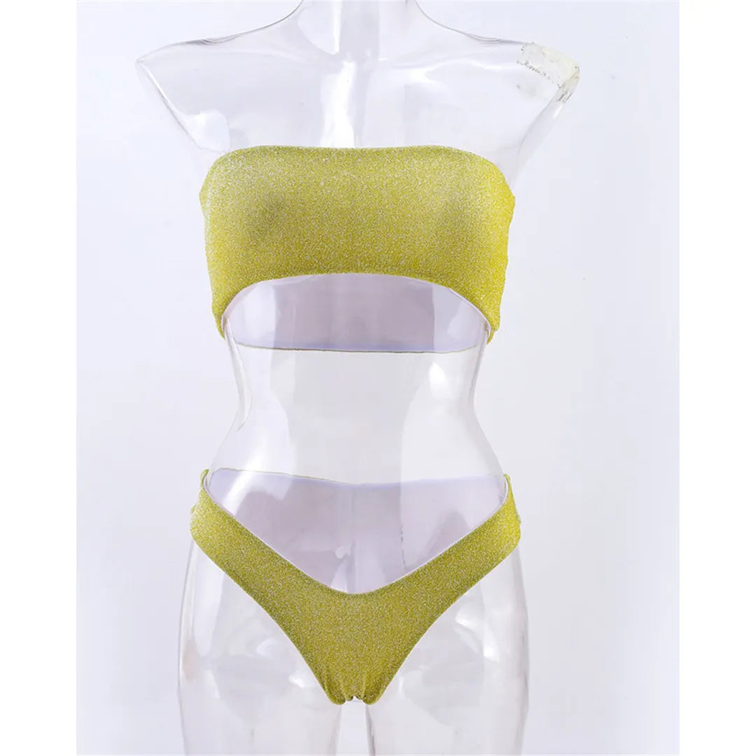 Glitter Sparkling Strapless Bikini Female Swimsuit Women Swimwear Two-Pieces Bikini Set Bandeau Bather Bathing Suit Swim V2236