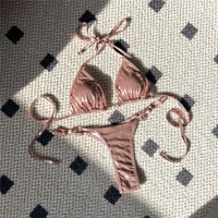 New PU Faux Leather Halter Mini Thong Bikini Female Swimsuit Women Swimwear Two-Pieces Bikini Set Bather Bathing Suit Swim V5206