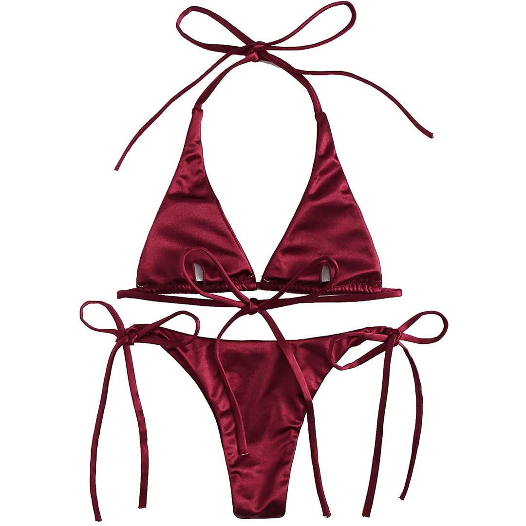 Sexy 13 Colors Halter Satin Brazilian Bikini Women Swimwear Female Swimsuit Two-Pieces Bikini Set Bather Bathing Suit Swim V4966