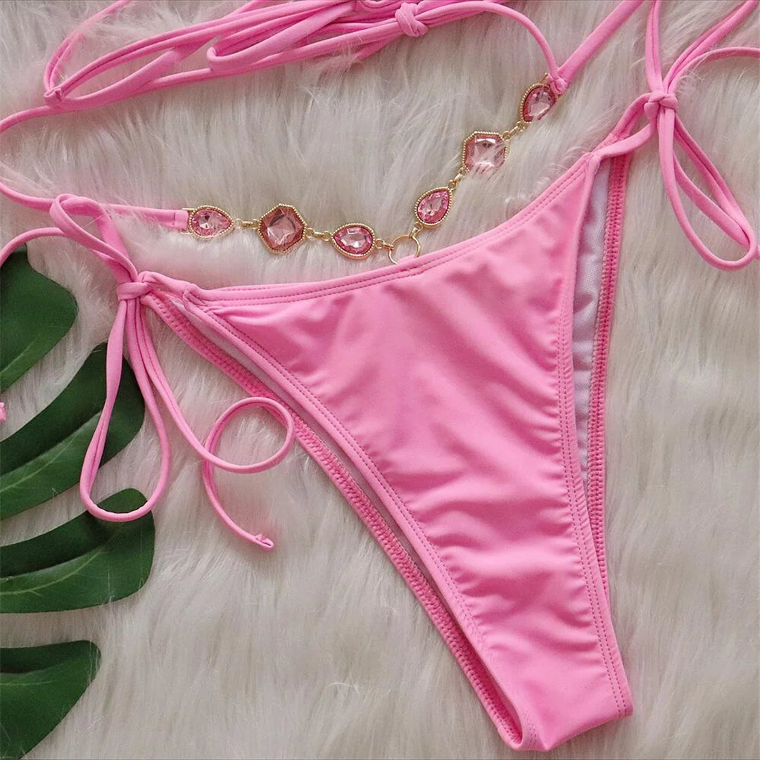 Sexy Diamond Rhinestones Wrap Around Bikini Female Swimsuit Women Swimwear Two-Pieces Bikini Set Bather Bathing Suit Swim V5167