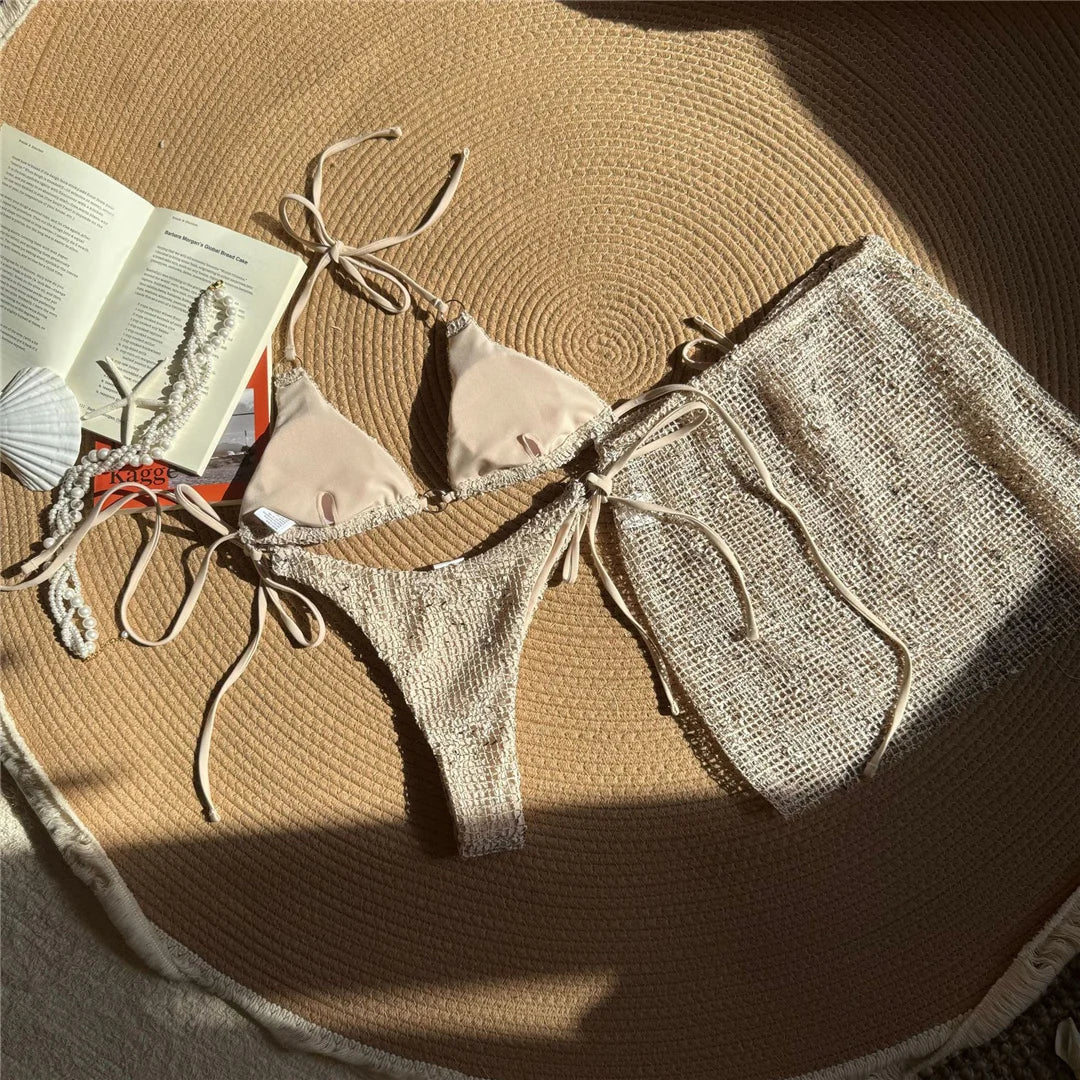 3PCS With Hollow Out Skirt Halter Bikini Female Swimsuit Women Swimwear Three-Pieces Bikini Set Bather Bathing Suit Swim V6451