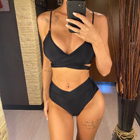S - XL New 7 Colors V Neck High Waist Bikini Female Swimsuit Women Swimwear Two-Pieces Bikini Set Bather Bathing Suit Swim V5006