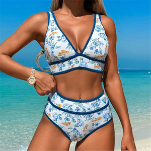Bikini sans armatures taille haute à liserés imprimé fleuri bleu