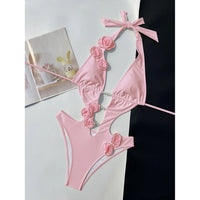 Pink Red Bather Bathing Suit Swim 3D Flower Deep V Neck One Piece Swimsuit Women Swimwear Female High Cut Leg Monokini V6986P
