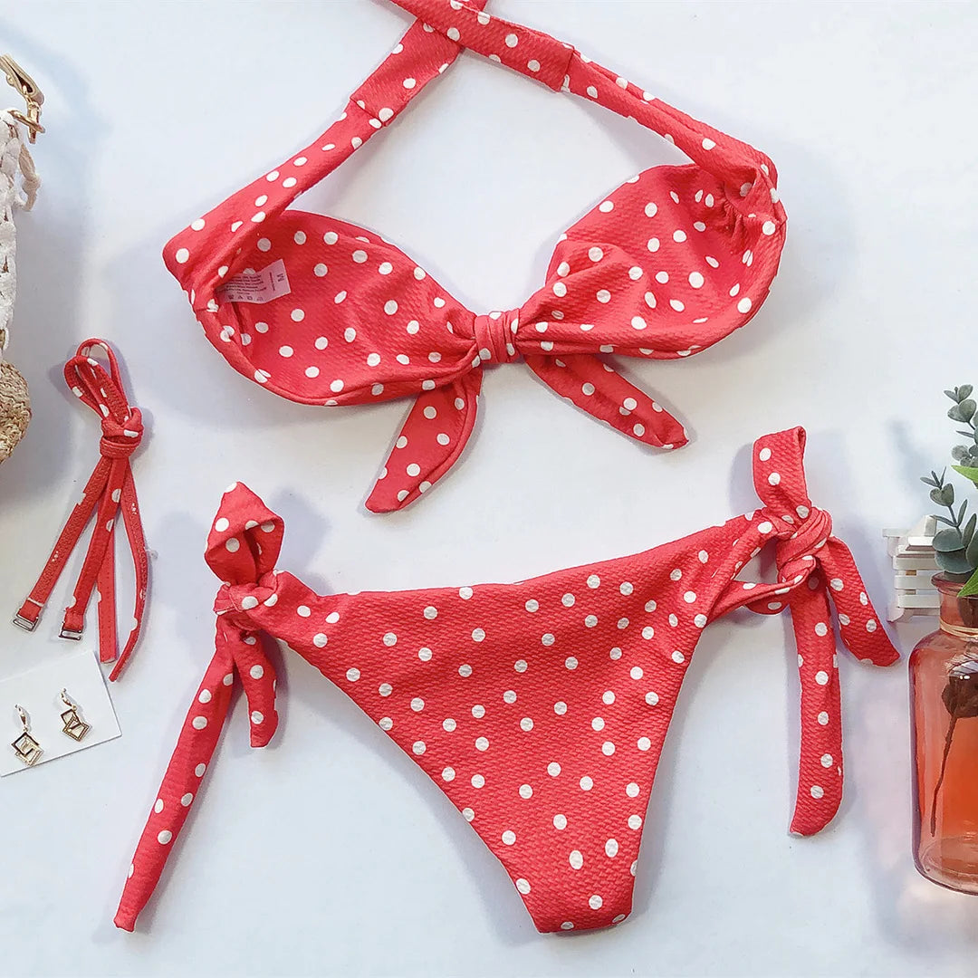 Sexy Leopard Polka Dot Knotted Brazilian Bikini Women Swimwear Female Swimsuit Two-Pieces Bikini Set Bather Bathing Suit V643
