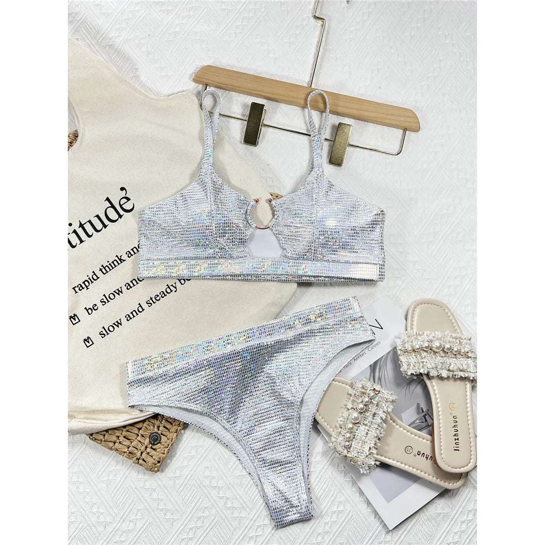New Shiny Sequins High Waist Bikini Female Swimsuit Women Swimwear Two-Pieces Bikini Set Padded Bather Bathing Suit Swim V4213