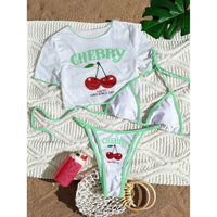 S -XL Cherry Printed Short Sleeve Bikini Female Swimsuit Women Swimwear Three-Pieces Bikini Set Bather Bathing Suit Swim V6854